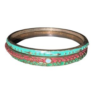 Boho Enamel Bangle Set Turquoise Red Brass Stacking Bracelets J43